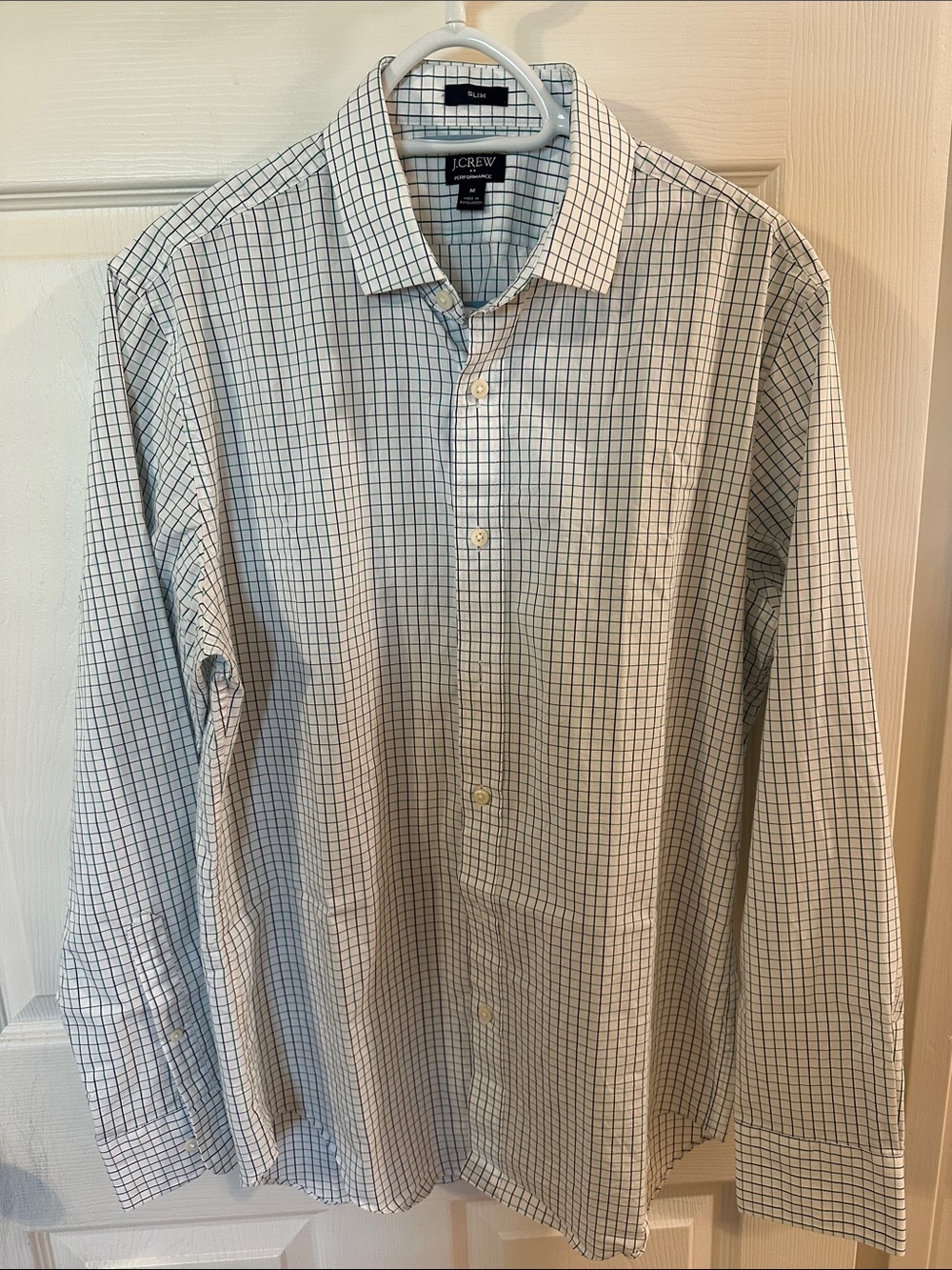 J. Crew Men's White Dress Shirt with Navy/Green Windowpane Check - Size Medium